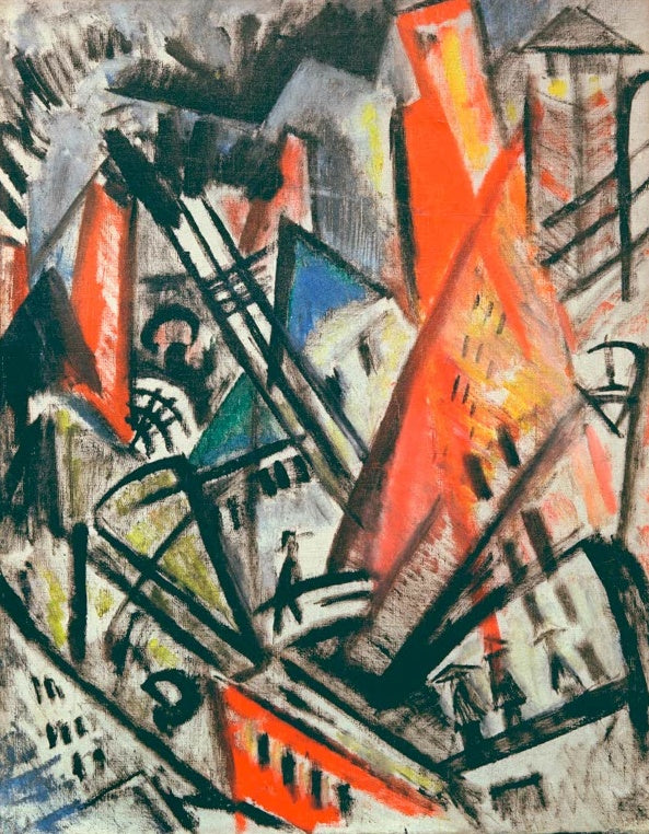 Olga Rosanowa Stadt Kunstkopie, kubofuturistische Großstadtszene mit roten Dächern, Fassaden und kräftigen schwarzen Linien