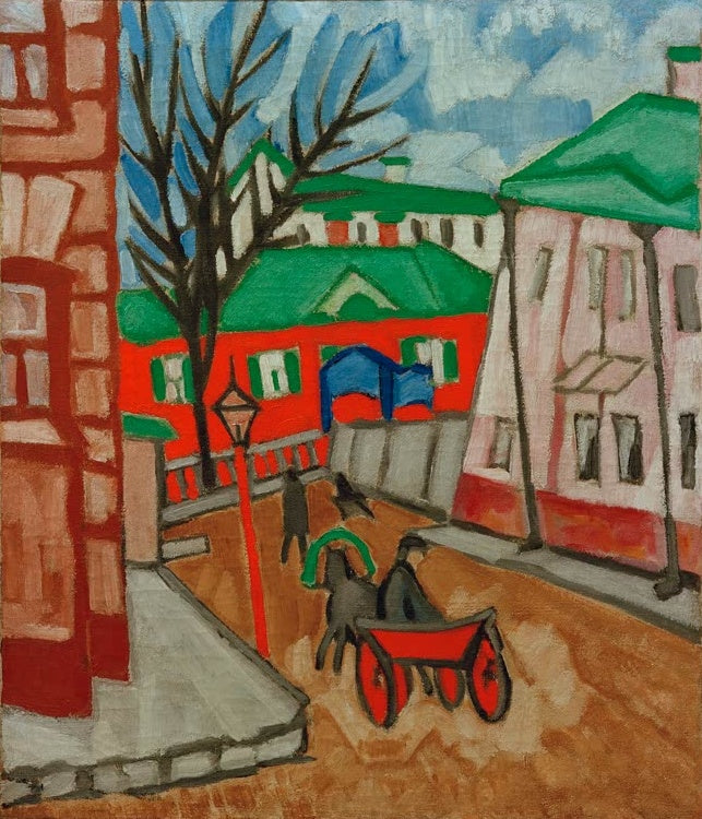 Olga Rosanowa Stadtlandschaft Kunstkopie, Straße mit rotem Pferdewagen, kahlem Baum, roter Laterne und grünen Dächern