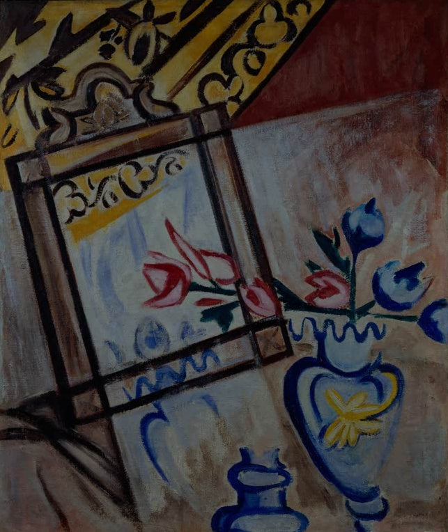 Olga Rosanowa Stillleben mit Spiegel und Tulpen Kunstkopie, blaue Vase mit Blüten vor einem Spiegel mit rosa Tulpen