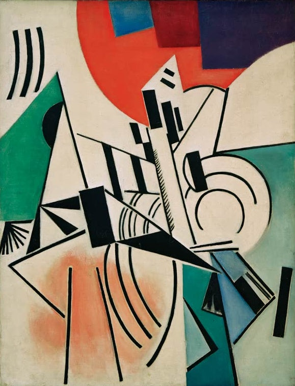Olga Rosanowa Suprematismus, 1916 Kunstkopie, geometrische Komposition mit roter Scheibe, grünem Dreieck und schwarzen Linien