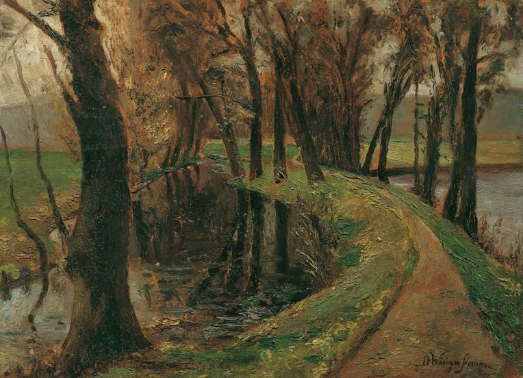 Olga Wisinger-Florian Allee am Weiher Kunstkopie, geschwungener Uferweg zwischen dunklen Baumstämmen