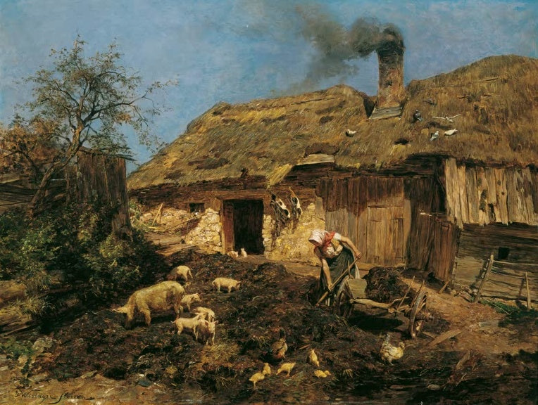Olga Wisinger-Florian Arbeit am Bauernhof Kunstkopie, Bäuerin mit Schubkarre vor Strohdachhaus mit Schweinen und Hühnern