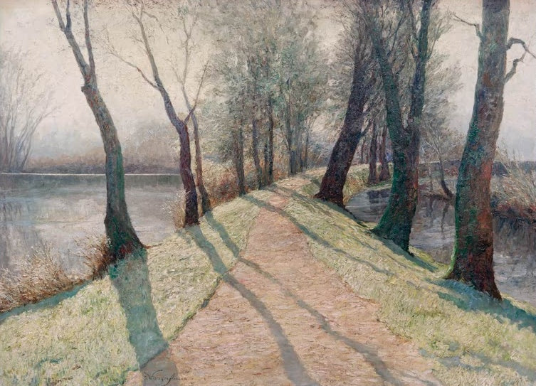 Olga Wisinger-Florian Der erste Reif Kunstkopie, Uferweg mit Raureif und langen Baumschatten im Morgendunst