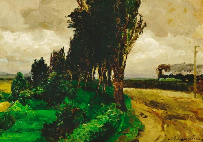 Olga Wisinger-Florian Eisenbahn in der Landschaft Kunstkopie, Pappeln und ein ferner Zug unter Wolkenhimmel
