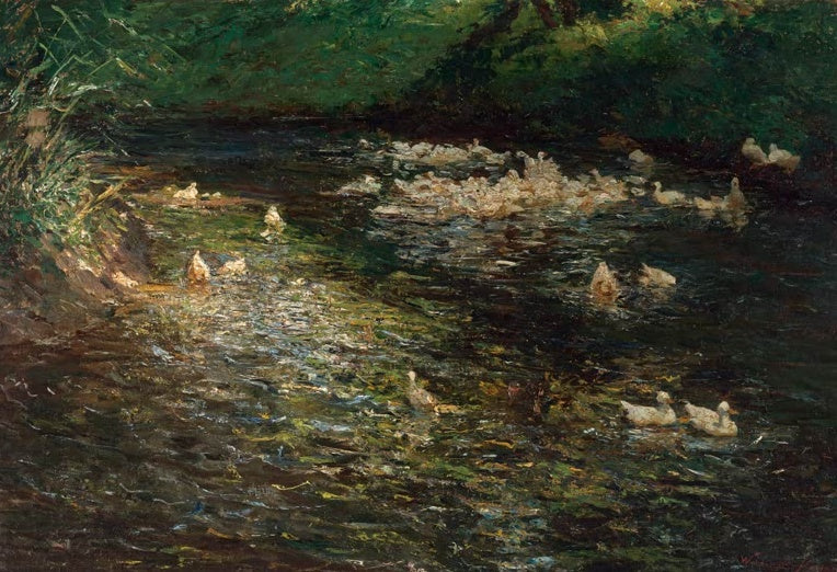 Olga Wisinger-Florian Ententeich Kunstkopie, helle Enten auf dunklem Wasser mit glitzernden Lichtreflexen