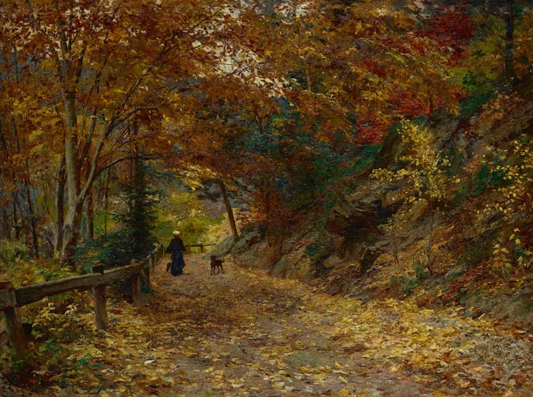 Olga Wisinger-Florian Fallendes Laub Kunstkopie, Waldweg im Herbst mit Spaziergängerin und Hund unter goldenem Laub