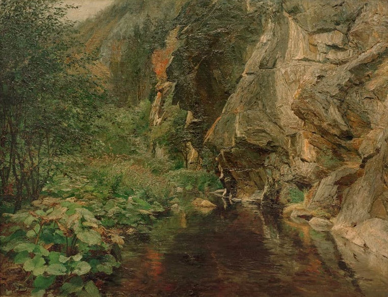 Olga Wisinger-Florian Felsschlucht Kunstkopie, steile Felswand über dunklem Bach mit grünem Ufergebüsch