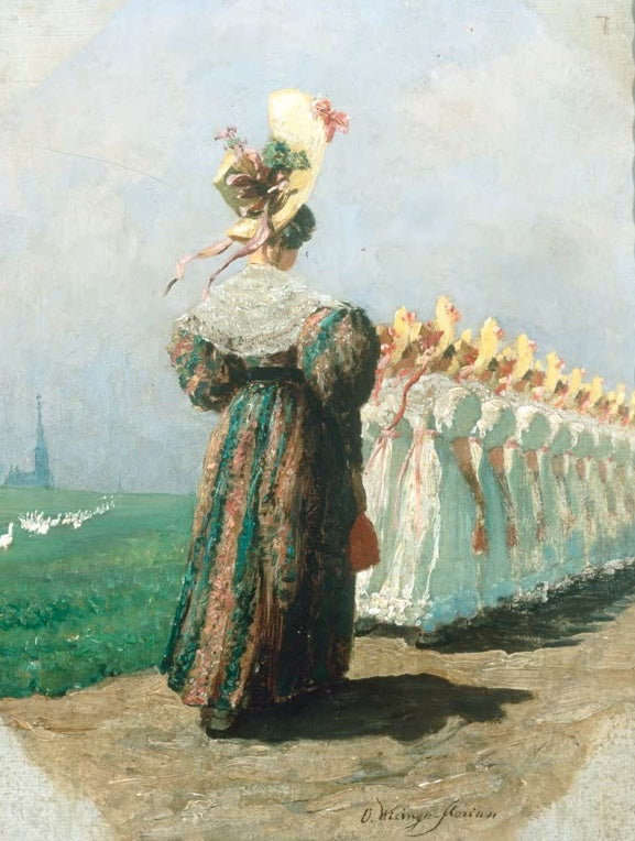 Olga Wisinger-Florian Im Gänsemarsch Kunstkopie, Frau mit Strohhut führt eine Mädchenschar im Spaziergang