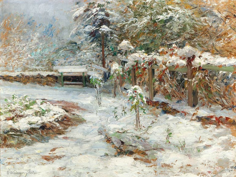 Olga Wisinger-Florian Oktoberschnee Kunstkopie, Garten von Schloss Hartenstein mit Schnee auf Pergola und rostrotem Laub