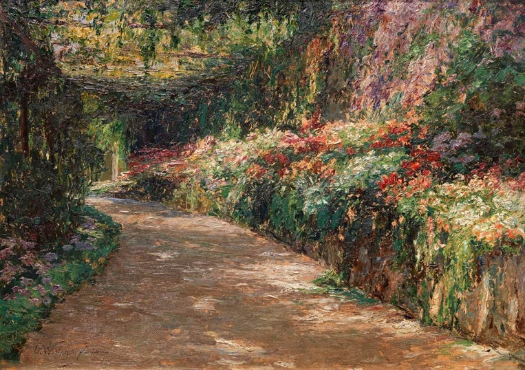 Olga Wisinger-Florian Pergola bei Mentone Kunstkopie, sonniger Gartenweg unter Pergola neben bunten Blumenbeeten