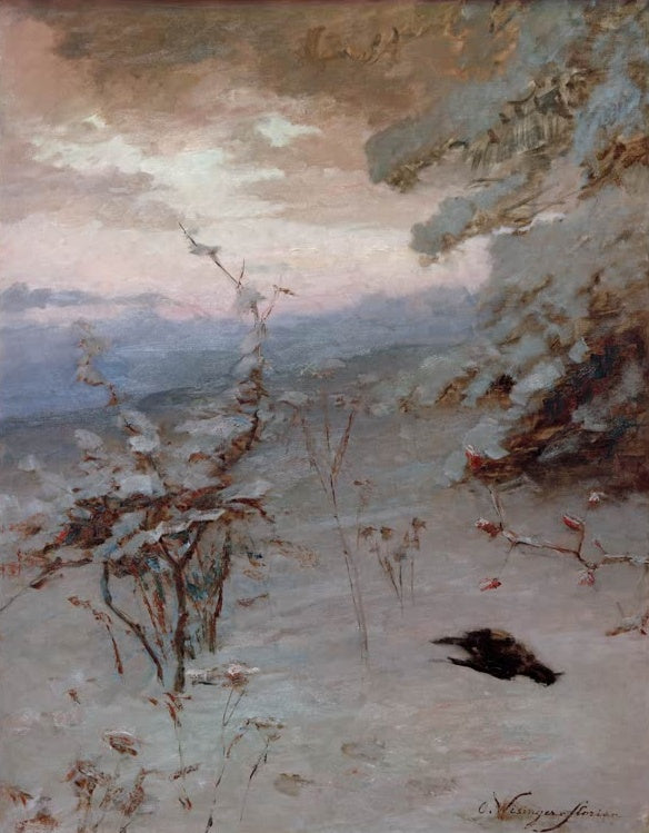 Olga Wisinger-Florian Winter Kunstkopie, verschneite Landschaft mit Beerenzweigen unter rosa Wolkenhimmel
