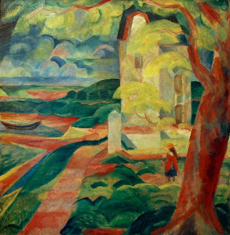 Bunte Landschaft mit Turmhaus, rotem Baum und Mädchen in rotem Mantel – Paul Adolf Seehaus Das Haus am Wasser Kunstkopie