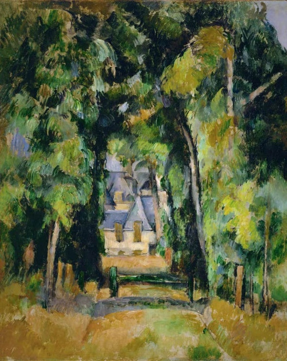 Paul Cézanne Allee in Chantilly Kunstkopie, Weg unter dichtem grünem Laub führt zu einem Schloss mit grauem Dach