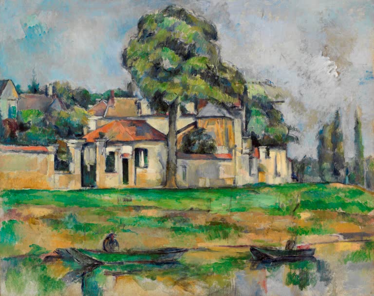 Häuser mit rotem Dach und Baum am grünen Marneufer mit zwei Booten – Paul Cézanne Am Ufer der Marne Kunstkopie