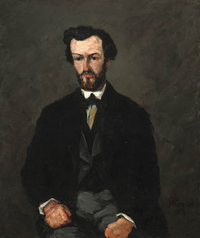 Sitzender Mann in dunklem Anzug mit weißem Kragen, Hände auf den Knien – Paul Cézanne Antony Valabrègue Kunstkopie