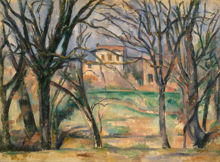 Kahle Bäume vor einem Haus in lichtem Gelb und Grün – Paul Cézanne Arbres et maisons Kunstkopie