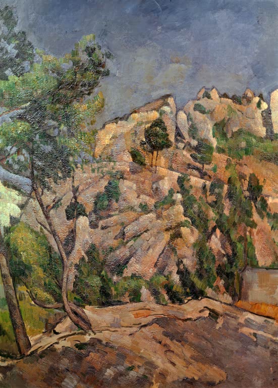 Zerklüftete Felsen mit Kiefern unter blauem Himmel – Paul Cézanne Au fond du ravin Kunstkopie