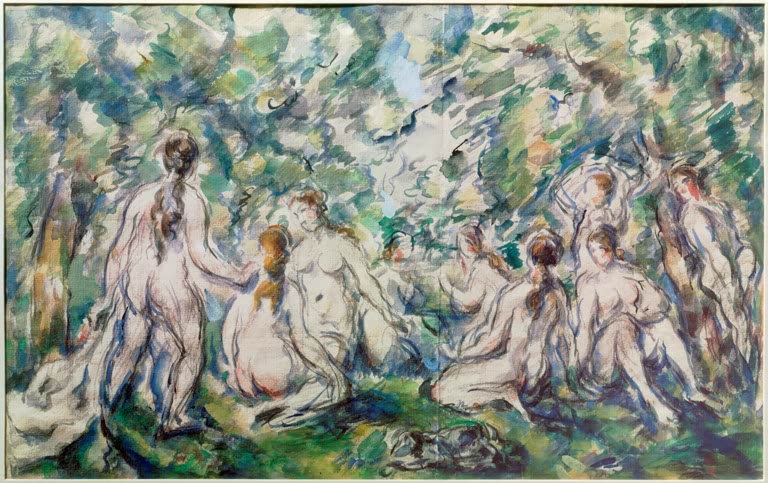 Gruppe nackter Frauen in lichter Landschaft, Aquarell mit zarten Farben – Paul Cézanne Badende Frauen Kunstkopie