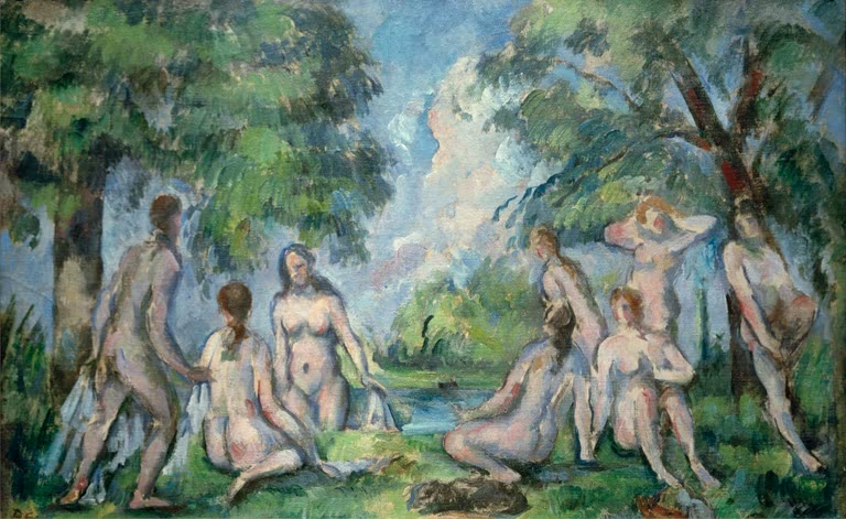 Gruppe nackter Badender an einem Ufer zwischen grünen Bäumen – Paul Cézanne Badende Kunstkopie