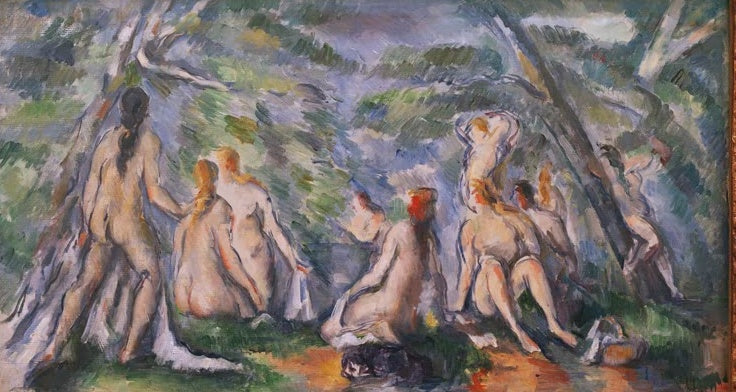 Nackte Badende ruhen unter hohen Bäumen, in Blau, Violett und Orange – Paul Cézanne Baigneuses Kunstkopie