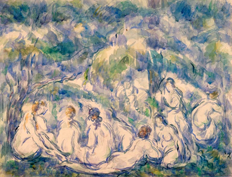 Zahlreiche rosafarbene Badende in blauvioletter Landschaft, Aquarell – Paul Cézanne Baigneuses Kunstkopie