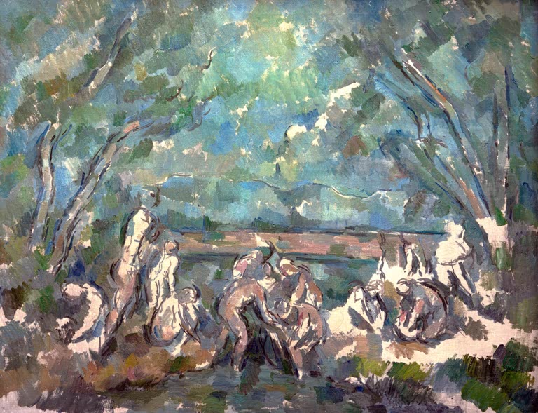Badende Gestalten am Ufer unter Bäumen mit hellem Himmel – Paul Cézanne Baigneuses Kunstkopie