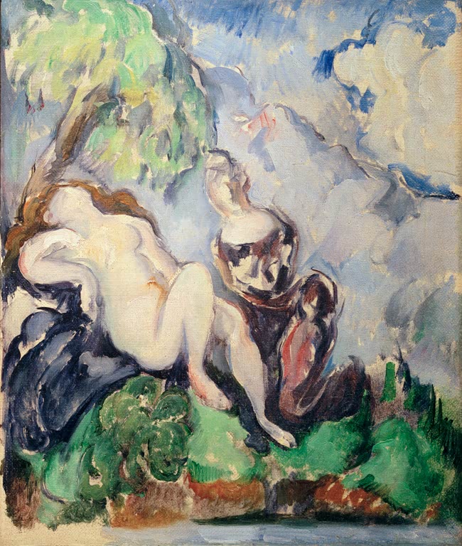 Nackte Frau liegt neben dunkel gekleideter Gestalt unter Baum und Wolkenhimmel – Paul Cézanne Bathsheba Kunstkopie