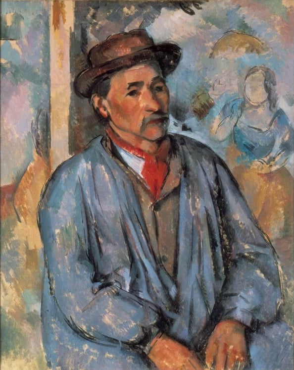 Sitzender Bauer mit Hut und rotem Halstuch im blauen Kittel – Paul Cézanne Bauer in blauem Kittel Kunstkopie