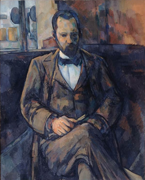 Paul Cézanne Bildnis Ambroise Vollard Kunstkopie, sitzender bärtiger Mann in braunem Anzug mit Fliege vor dunklem Grund