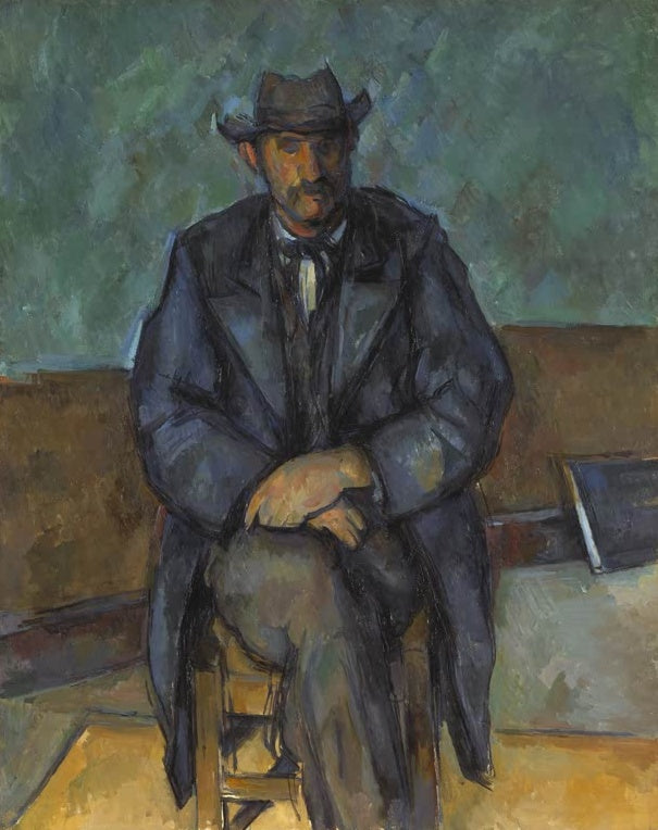Paul Cézanne Bildnis eines Bauern Kunstkopie, sitzender Mann mit Hut und blauem Mantel vor grünem Hintergrund