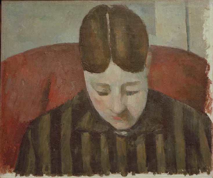 Paul Cézanne Bildnis Madame Cézanne Kunstkopie, Frau mit gesenktem Blick und gestreifter Jacke vor rotem Sessel