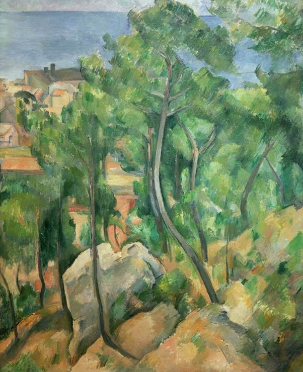 Kiefern und Felsen im Vordergrund, dahinter Häuser und Meer – Paul Cézanne Blick auf das Meer Kunstkopie