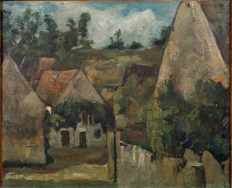 Dorfgasse mit spitzen Dächern und Häusern in dunklen Grün- und Brauntönen – Paul Cézanne Carrefour de la rue Rémy Kunstkopie