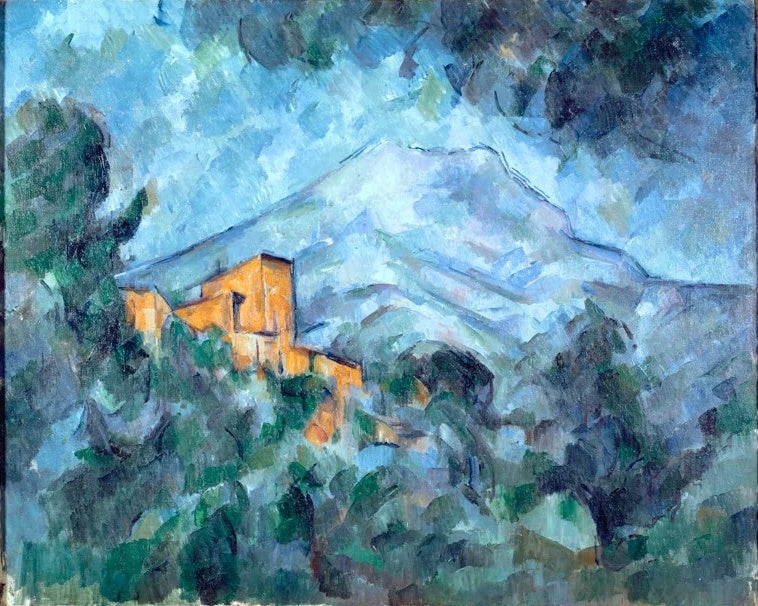 Paul Cézanne Château Noir mit Blick auf die Sainte-Victoire Kunstkopie, ockerfarbenes Gemäuer vor blauem Bergmassiv