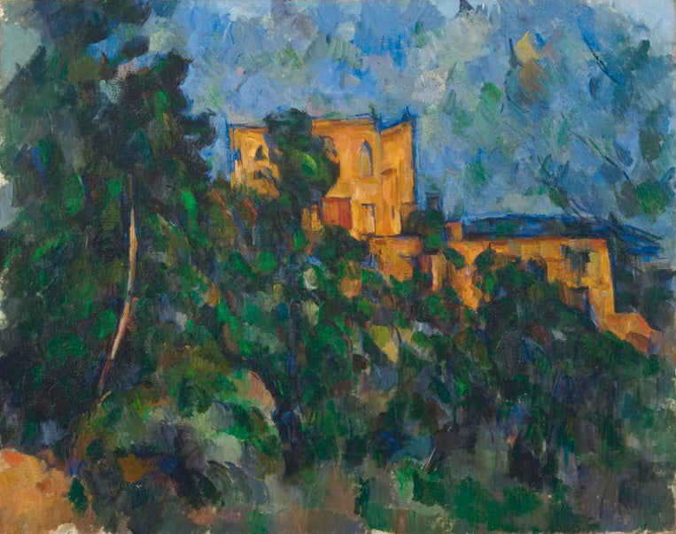 Paul Cézanne Château Noir vom Waldrand gesehen Kunstkopie, goldene Türme der neugotischen Villa zwischen dichten Bäumen