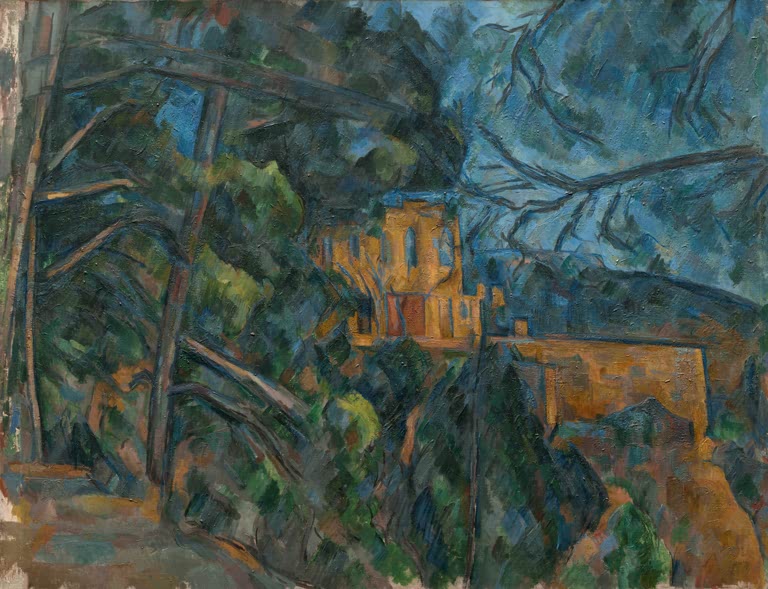 Schloss zwischen dichten Kiefern und Felsen in Blau- und Grüntönen – Paul Cézanne Château Noir Kunstkopie