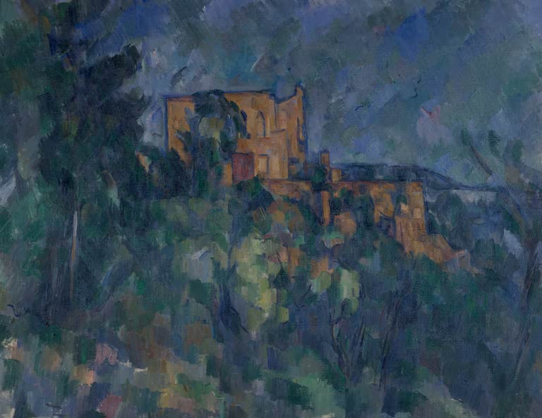 Orangefarbenes Schloss über dunklem Wald unter blauem Himmel – Paul Cézanne Château-Noir Kunstkopie