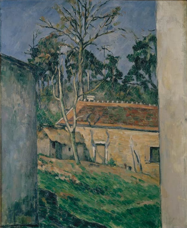 Gehöft mit Dach und kahlem Baum zwischen hohen Mauern – Paul Cézanne Cour de ferme à Auvers Kunstkopie