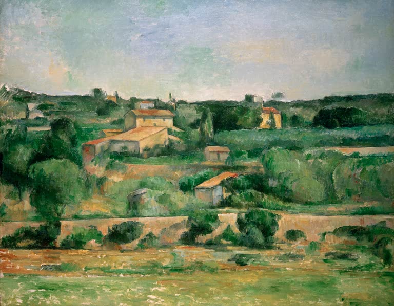 Grüne Hügel mit Landhäusern und Mauer unter hellem Himmel – Paul Cézanne Dans la plaine de Bellevue Kunstkopie