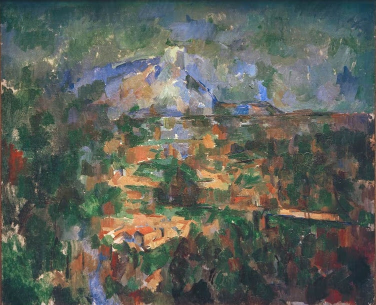 Bergmassiv hinter dichtem Grün in Blau-, Orange- und Grüntönen – Paul Cézanne Bergmassiv Sainte-Victoire Kunstkopie
