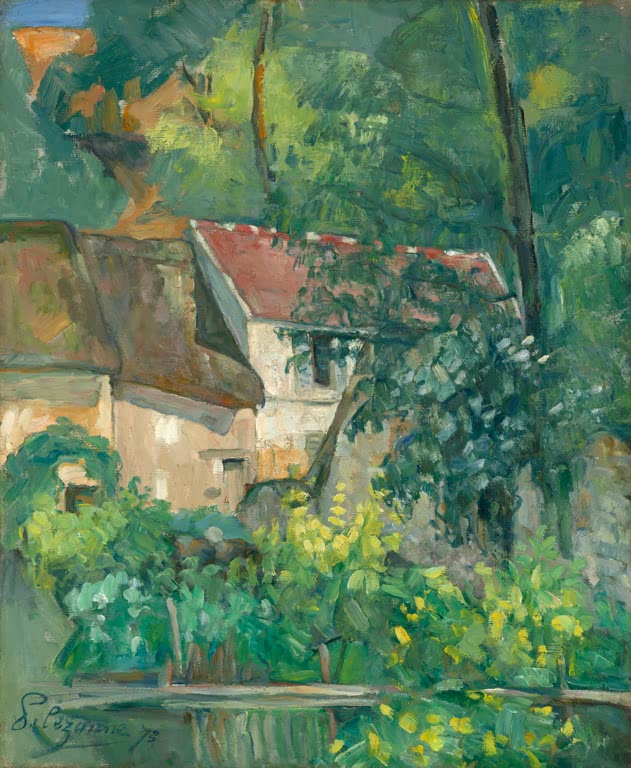 Bauernhaus mit rotem Dach hinter grünen Büschen und gelben Blumen – Paul Cézanne Das Haus des Père Lacroix Kunstkopie