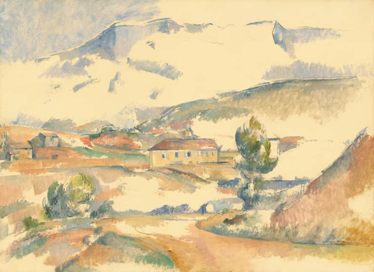 Berg hinter Feldern und Häusern in sonnigem Ocker – Paul Cézanne Der Berg Sainte-Victoire bei Gardanne Kunstkopie