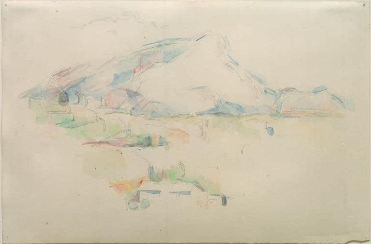 Paul Cézanne Der Berg Sainte-Victoire Kunstkopie, zartes Aquarell des Bergmassivs in hellem Blau und Rosa auf Papier