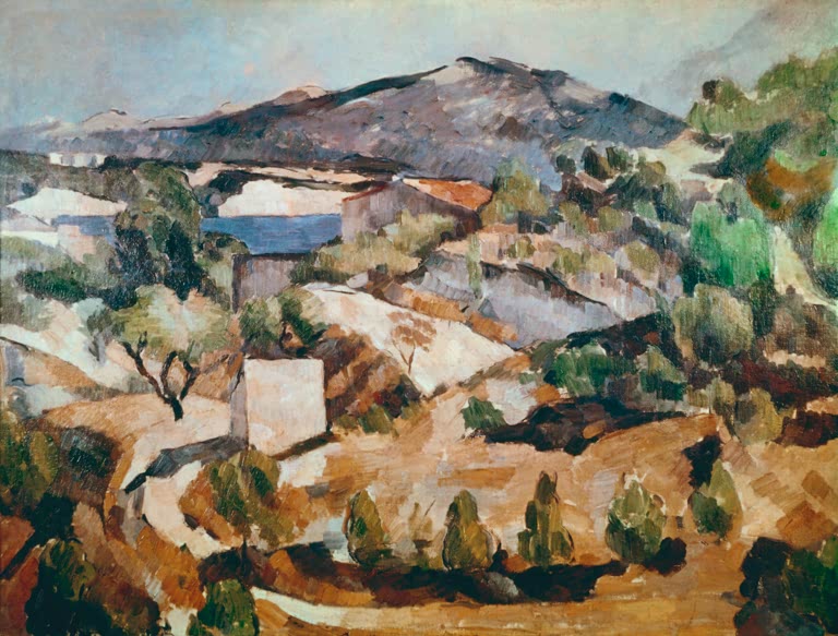 Berglandschaft mit Häusern und Olivenhainen unter blauem Himmel – Paul Cézanne Der François-Zola-Staudamm Kunstkopie