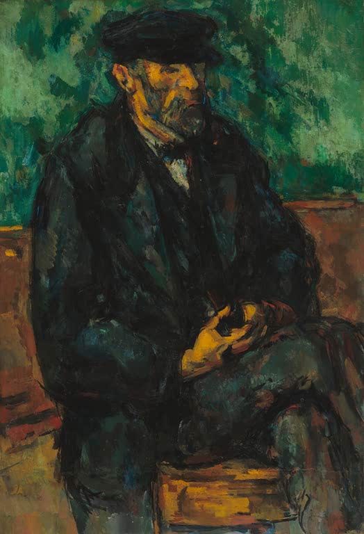 Sitzender alter Mann mit Mütze in dunkler Kleidung, Hände im Schoß – Paul Cézanne Der Gärtner Vallier Kunstkopie