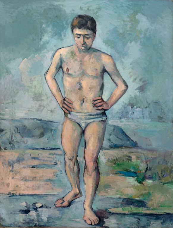 Stehender junger Mann in Badehose vor blaugrüner Uferlandschaft – Paul Cézanne Der große Badende Kunstkopie