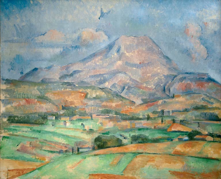 Berg über Feldern mit grünen und orangen Flächen unter Wolken – Paul Cézanne Der Mont Sainte-Victoire Kunstkopie