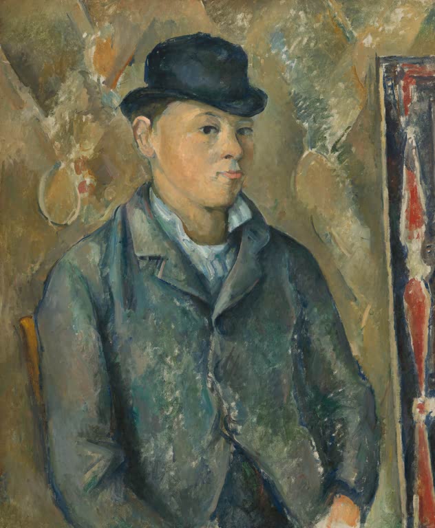 Jugendlicher mit dunklem Hut und grauer Jacke vor gemustertem Hintergrund – Paul Cézanne Der Sohn des Künstlers Kunstkopie