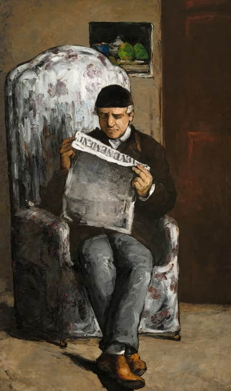 Paul Cézanne Der Vater des Künstlers Kunstkopie, Mann mit Mütze liest im geblümten Sessel die Zeitung L’Événement
