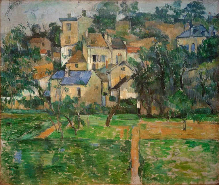 Paul Cézanne Die Eremitage in Pontoise Kunstkopie, Häuser am Hang mit blauen Dächern hinter grünen Feldern und Bäumen